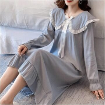 Women Cotton Bow Lace Patchwork Long Sleeve Loose Nightgowns(XX-Large Code)