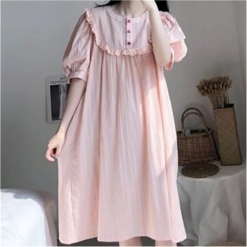 Nightgowns Women Loose Knee-Length Girls Homewear Lantern Sleeve O-Neck Comfortable Students Soft(D,XL Code)
