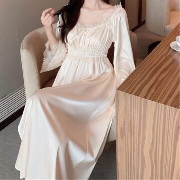 Satin Romantic Nightgown Women Autumn Lace Long Robe Night Dress Gown Sleepwear Nightgown(XL Code)