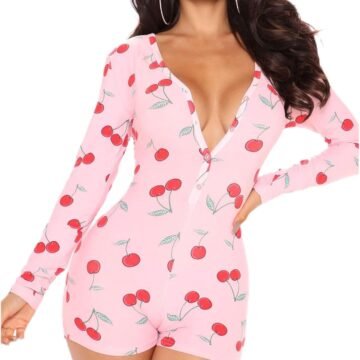 Women Heart Printed Rompers Long Sleeve V Neck Button Down Short Jumpsuits Bodycon Pajamas Bodysuits for Valentine