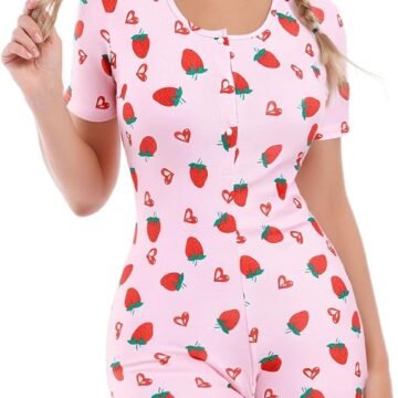 Women's Pajama Jumpsuit Cute Prints Button V Neck Short Sleeve Romper Shorts Sexy One Piece Sleepwear