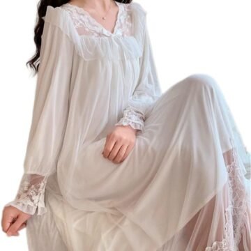 Long Night Dress Women Princess Sleepwear Fairy White Tulle Lace Nightgowns Nightwear(L Code)
