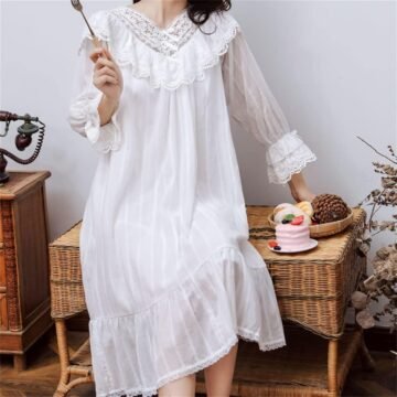 White Night Dress Women Cotton Embroidery Lace Princess Sleepwear Nightgowns Home Lounge Wear(XL Code)
