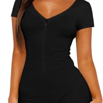 Womens Zipped up Jumpsuits Sexy V Neck One Piece Romper Casual Short Sleeve Sleepwear Summer Cute Slim Shorts Pajamas