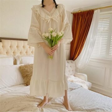 Nightgowns Women Cotton Beige Sleepwear Long Sleeve Loose Night Dress Home Lounge Wear(M Code)