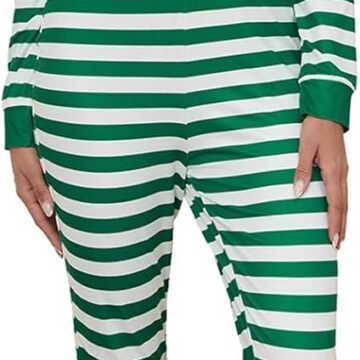 Women Christmas Long Sleeve Stripe Heart One Piece Pajamas Bodycon Jumpsuit Button Neck Sleepwear