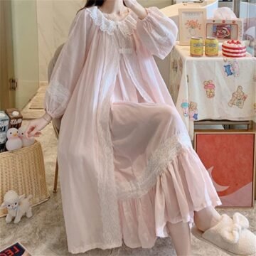 Fairy Night Dress Women Autumn Cotton Long Robe Slip Dress Sets Sleepwear Vintage Nightgowns(XL Code)