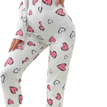 Women Sexy Bodycon Onesie Pajama Heart Print Long Sleeve Button V Neck Jumpsuit One Piece Romper Valentines Sleepwear