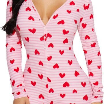 Women's Sexy Pajamas Jumpsuit Heart Print V Neck Long Sleeve Bodycon Shorts Cute Onesie Sleepwear