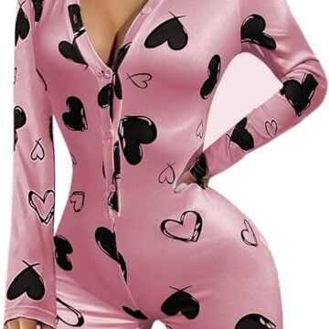 Women's Cute Heart Graphic Romper V Neck Pajama Long Sleeve Button Front Shorts Onesie Bodycon Overal Sleepwear