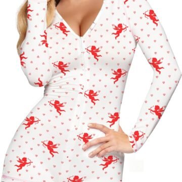 Women V-Neck Shorts Bodysuit Long Sleeve Button Front Pajamas Cupid Print Onesie Bodycon Overall