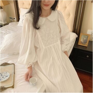 Women Dress Princess Sleepshirts Collar Embroidered Flower Nightgowns Lounge Sleepwear(S Code)