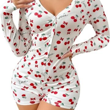 Women's Heart Cherry Print Romper Pajama V Neck Long Sleeve Button Front Sexy Onesie Bodycon Overall