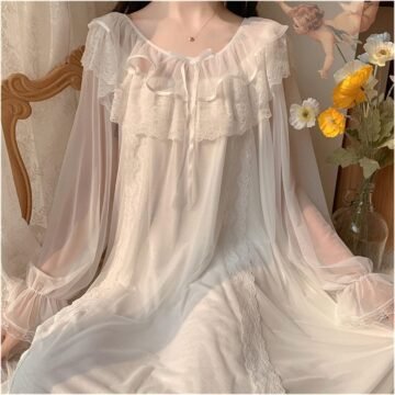 Women Dress Sleepwear White Lace Mesh Night Dress Nightgown Nightdress, Loungewear(M Code)