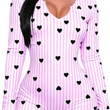 Womens Sexy Onesie Pajama Long Sleeve V Neck Heart Bodycon Jumpsuit Button Down Short Romper Sleepwear